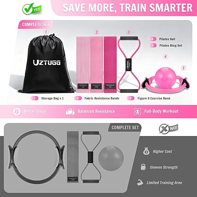 UZTUGG Pilates Equipment Kit at Home for Women, 4-in-1 Workout Essential Set with Pilates Ring, Fabric Resistance Bands, Figure 8 Resistance Band, Pilates Ball–Full Body Toning, Yoga & Stretching