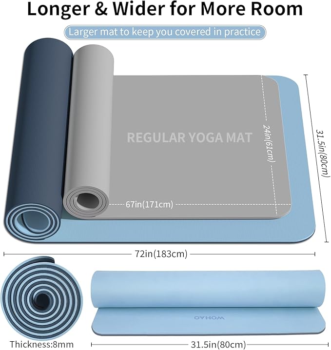 Extra Thick 8mm Yoga Mat, 72"x28" Non Slip Exercise Mat, Reversible 2-Sided Dual Color Premium POE Material, with Carrying Strap for Yoga, Pilates, Home Gym