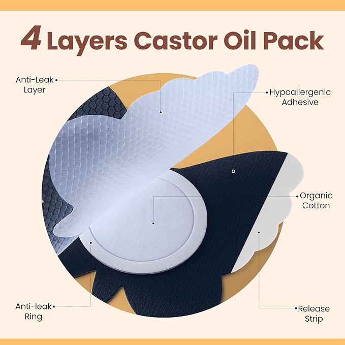 30Pcs Castor Oil Patch for Belly Button with 4oz Organic Castor Oil in Glass Bottle, for Stomach Hand Self Adhesive