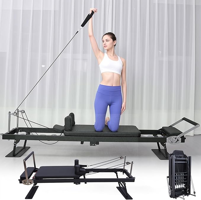 Foldable Pilates Reformer Machine, Home Fitness Equipment, Aluminum Sliding High Platform Design, 120kg Load-Bearing Portable Roller, 197cm Multifunctional Yoga Exerciser
