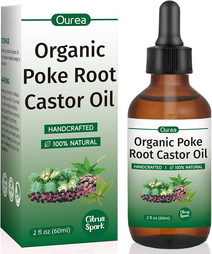 Organic Poke Root Castor Oil, Natural Lymphatic Support Massage Oil, Soothing Relief for Cysts, Boils, Breast, Fibroids, Swollen Lymph Nodes & Joint, Deep Tissue Drops – 2 Fl Oz, Citrus Spark