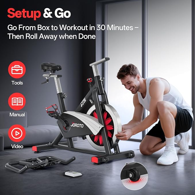 JOROTO Exercise Bike, Magnetic Stationary Bikes for Home with 40LBS Flywheel, App Supported Indoor Bike with 350LBS Weight Capacity, Low Noise,Digital Monitor,Bottle and Tablet Holder