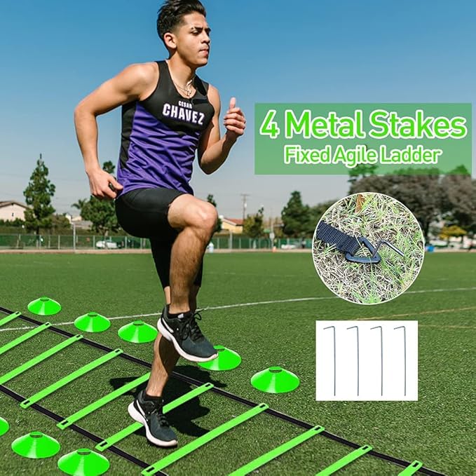 Speed & Agility Ladder Training Equipment Set, Includes 12 Rung 20ft Agility Ladder, 4 Agility Hurdles,12 Disc Cones, 1 Resistance Parachute for Training Football Soccer Basketball Athletes