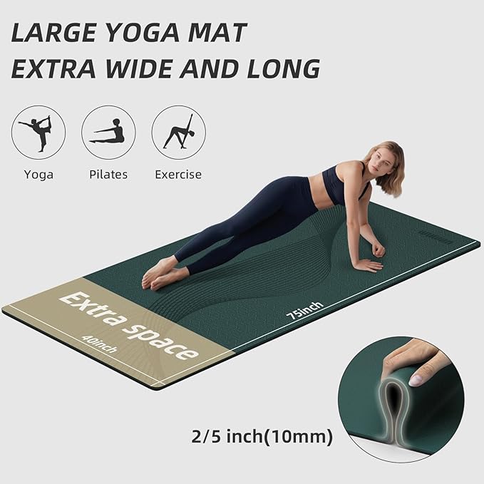 Large Yoga Mat 76"x 40"x10mm (2/5 inch) – Extra Thick & Wide, TPE Fitness Mat, Printed Non-Slip Exercise Mat with Carrying Strap for Men & Women, Pilates, Stretching, Fitness & Workout