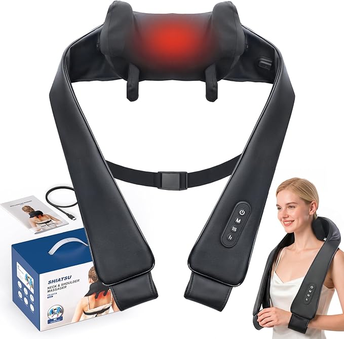 Cordless Neck Shoulder Massager with Heat, Deep Tissue Shiatsu Kneading for Pain Relief, Upgraded Straps Portable for Home Office Travel, Ideal Gifts for Men Women Mom Dad