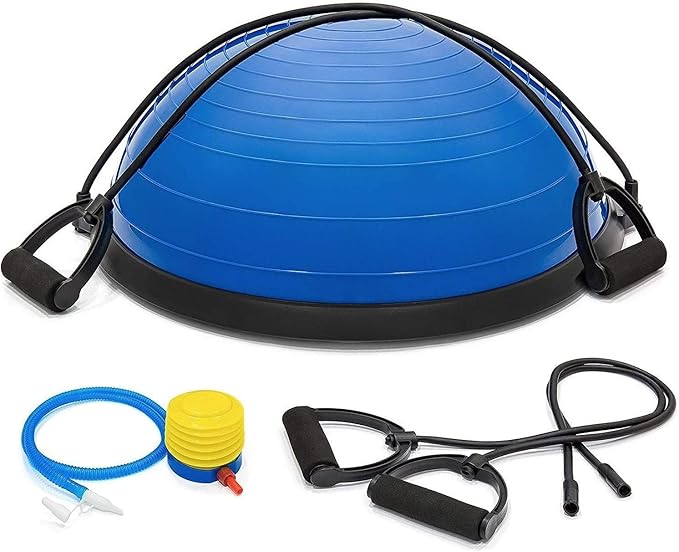 Half Ball Balance Trainer, Half Yoga Balance Board Exercise Ball for Full Body Workout, Stability Ball Platform, Core AB Training Strength Home Workout Fitness Physical Therapy, 2 Resistance Bands