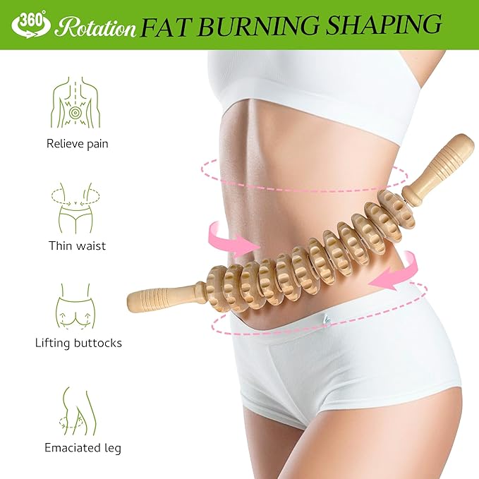 Wooden Curved Handheld Roller Massager Stick- 12 Rollers Wood Therapy Tool for Trigger Point, Fascia & Cellulite Reduction, Lymphatic Drainage, Muscle Tension Relief & Body Shaping (Wood)
