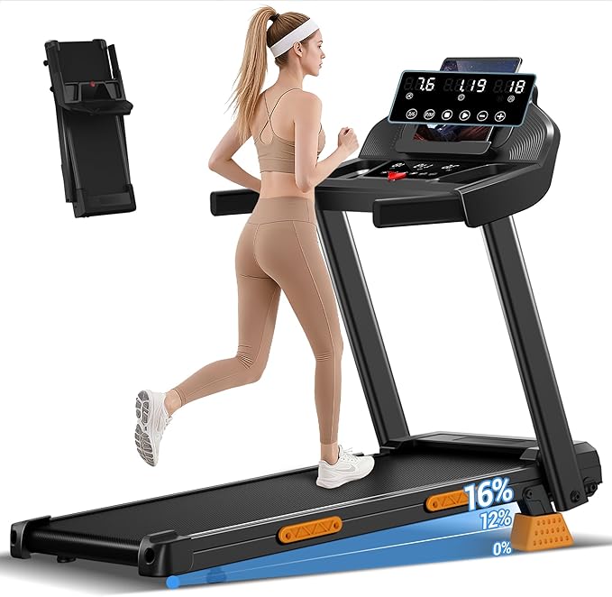 15% Incline Treadmills for Home, 3.0HP Folding Treadmill with 400LBS Weight Capacity, Portable Treadmill with Handrails, 3 LED Displays