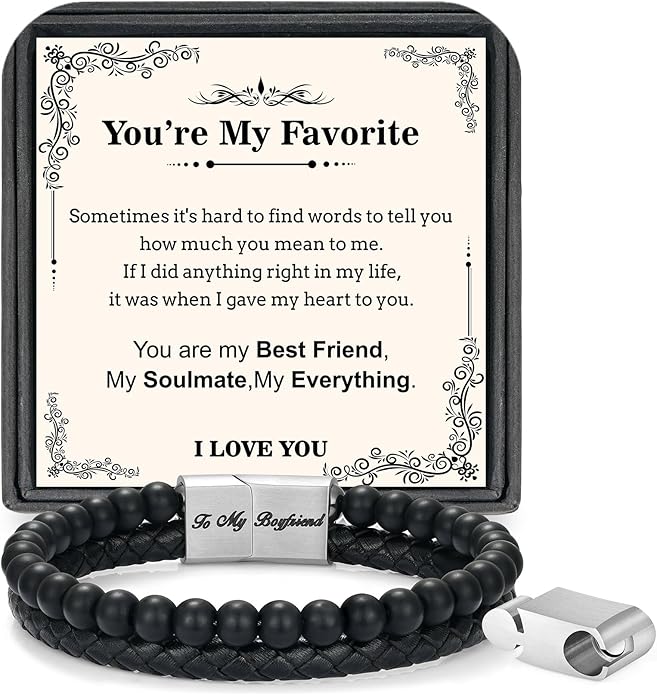 LUXEJEW Gifts for Men - Beaded Leather Bracelet 6mm Matte Agate Stone Bracelets for Men Dad Son Husband Boyfriend Grandpa Grandson Brother Uncle Nephew Adjustable Magnetic Clasp
