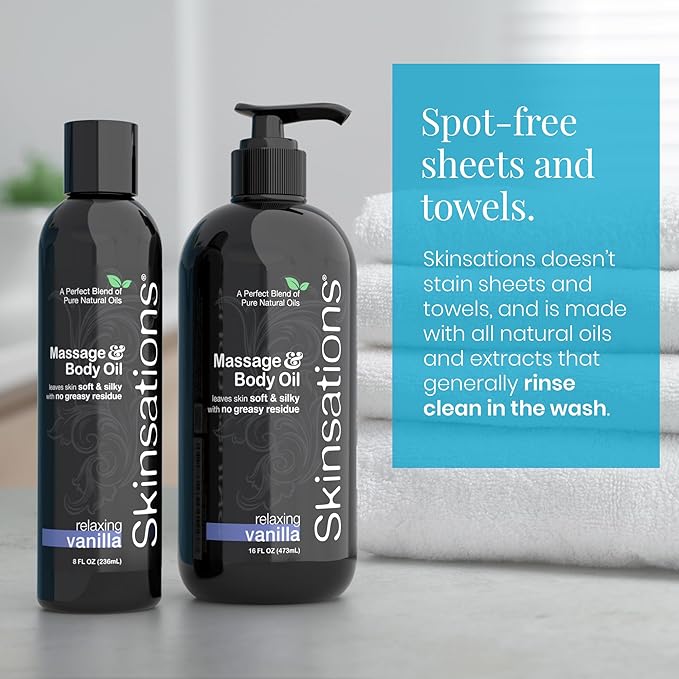 Skinsations – Massage Oil Gift Set – Variety Set for Couples, Travel Size (4 × 2oz) – Lightweight, Non-Greasy, Hydrating Body Oils for Relaxation & Gifting – Vanilla, Cinnamon, Lavender & Unscented
