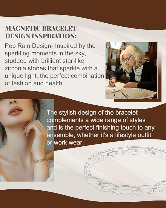 RainSo Women's Magnetic Bracelet, Stainless Steel Meteor Shower Design, Adjustable Length (with 3 Smart Clasps), Comes with Display Box and Adjustment Tool(Gold)