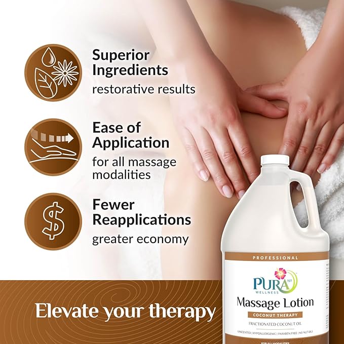 Coconut Therapy 1 Gallon Massage Lotion, Coconut Oil, Professional, Massage Therapy, Deep Tissue, Unscented, Natural Ingredients, Skin Hydrating, Moisturizing, Muscle Relief, for Bruising