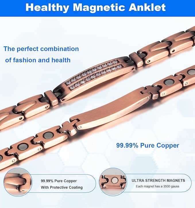Copper Ankle Bracelet for Women, 8.85in Adjustable Length with Crystal Magnetic Anklet, Healthy Jewelry Gift (0143)