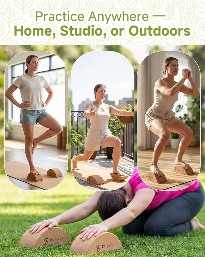 Rocalt Cork Yoga Blocks, Half Moon Yoga Block & Calf Stretching, Cork Foot Stretcher for Plantar Fasciitis Relief, Ankle Stretcher Pilates Block, Improve Balance, Stability & Foot Mobility