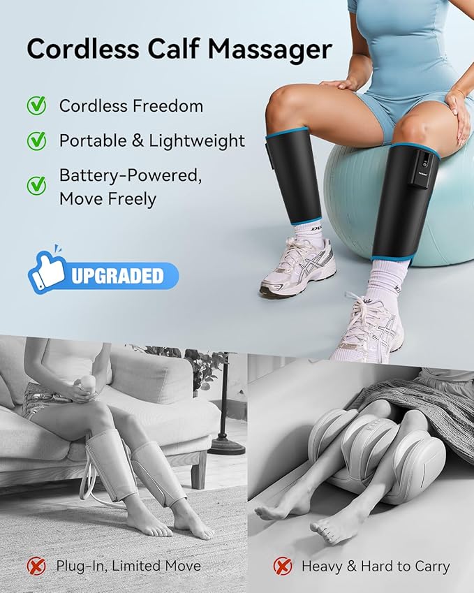 FIT KING Cordless Calf Massager – Rechargeable Leg Compression Massager for Circulation, Edema, RLS, Pain Relief & Recovery, 6 Intensities, 3 Modes, Portable Gift for Mom, Dad, Athletes