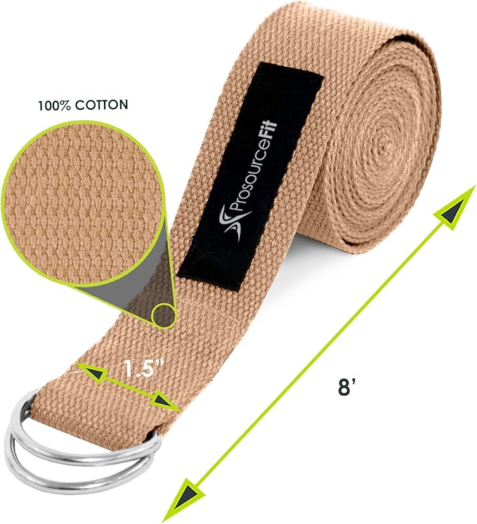 ProsourceFit Metal D-Ring Yoga Strap 8’ Durable Cotton for Stretching and Flexibility