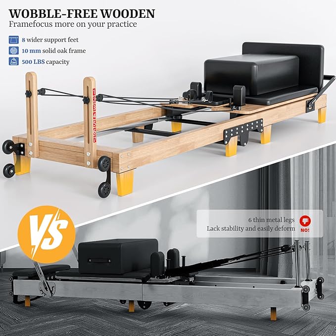 Pilates Reformer 92" Wooden Foldable Reformer Pilates Machine with Springs Pilates Equipment with Jump Board Box 6 Springs for Home Workouts Gym for All Level Users Up to 500 LBS