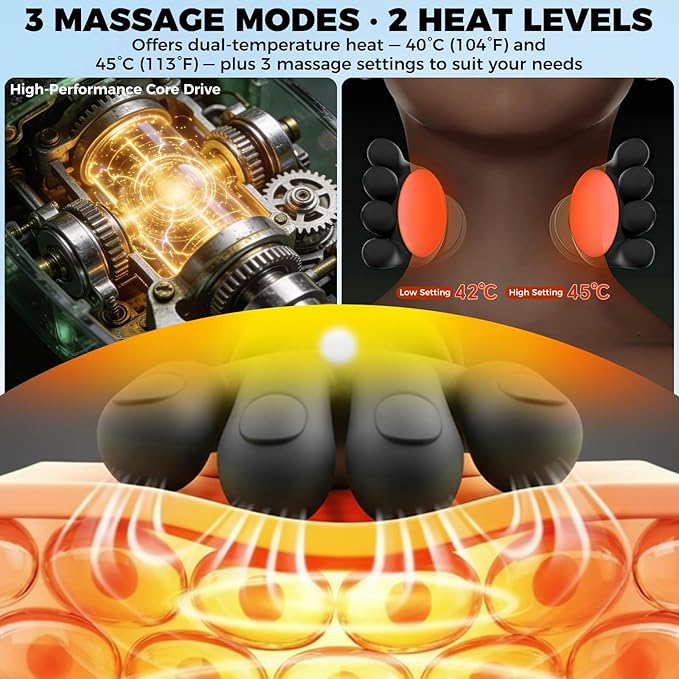 Shoulder & Neck Massager with Heat, 4D Bionic Heated Neck Massager with Fingers Simulates a Real Palm Massage for Comfort, 3 Intensity Levels + 2 Heat Settings Relax Muscle Tension