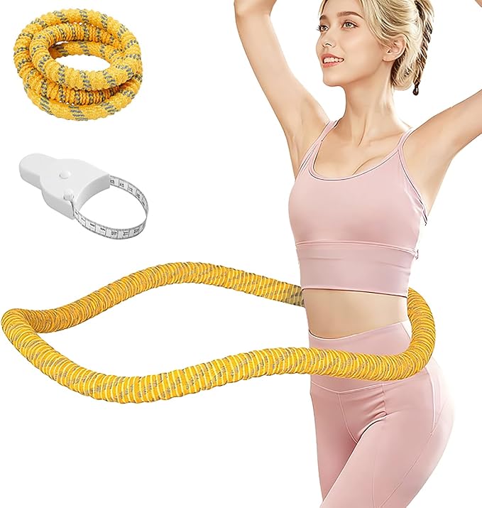 3lbs Soft Spring Weighted Hoop for Adults, Portable Fitness Infinity Hoop with Body Tape Measure, Quiet & Pinch-Proof Design, Exercise Hoop for Core Workout (Yellow)