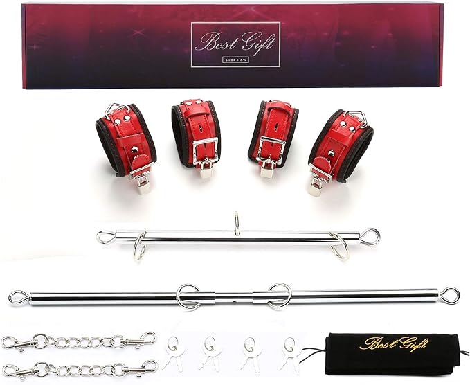 EXREIZST Expandable 2 Spreader Bar Set with Bag and 4 Premium Soft Pad Leather Straps with 2 Chains Adjustable Home Yoga Bar Kit, Silver and Red