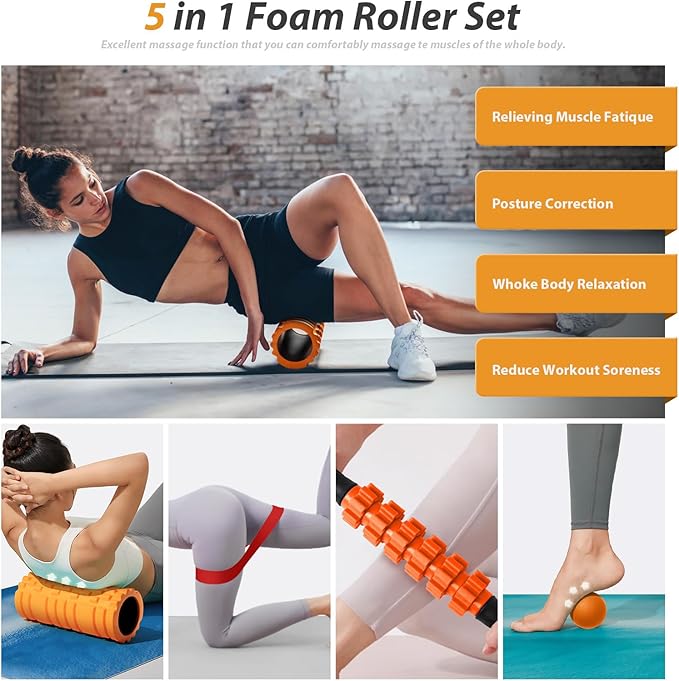 5-in-1 Foam Roller Set for Deep Tissue Muscle Massage, Trigger Point Fitness Tool with Muscle Stick Roller, Massage Ball, Stretching Strap for Whole Body (Orange-New)