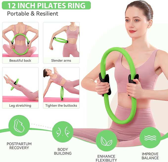 HASHMUST Pilates Ring Kit 12 PCS for Women, Home Workout Equipment with Magic Circle, Mini Exercise Ball, Resistance Bands, Massage Lacrosse, Yoga Strap, Full-Body Fitness Set for Toning & Gift
