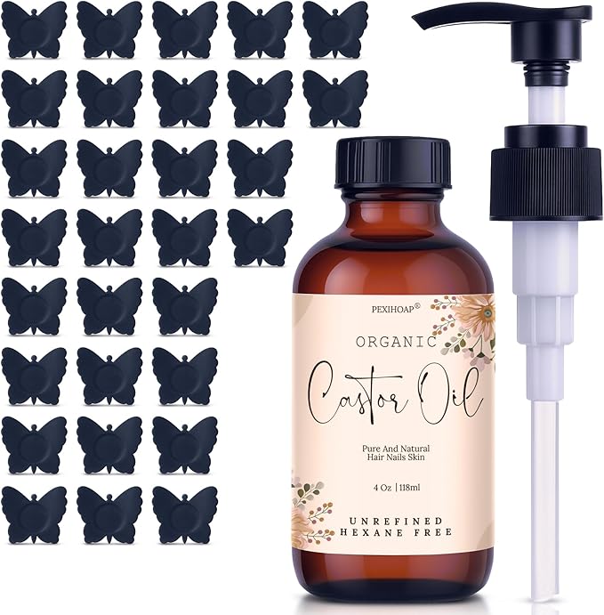 30Pcs Castor Oil Patch for Belly Button with 4oz Organic Castor Oil in Glass Bottle, for Stomach Hand Self Adhesive