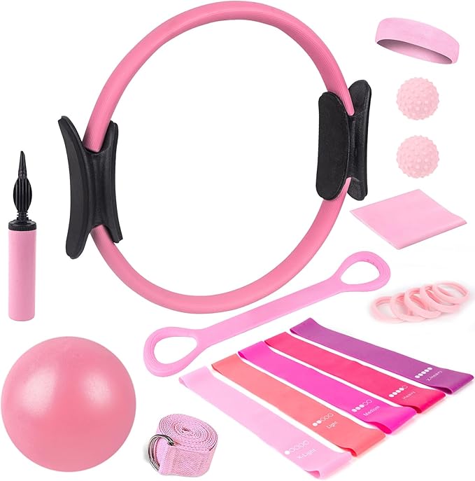 15 Pcs Pilates Ring Set for Women- Pilates Equipment for Home Workout-14-inch Pilates ring-9-inch Pilates Ball-5 Resistance Bands for Toning Arms, Thighs/Legs & Core.Exercise for Beginners at Home