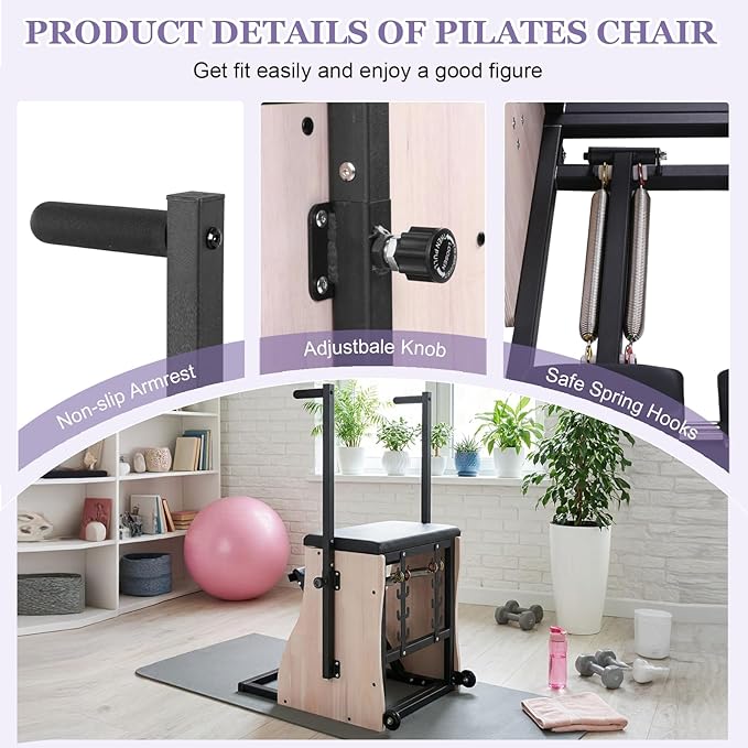 Pilates Chair: Pilates Chair for Home Workouts, Split-Pedal Stability Combo Chairs with Handles, Yoga Fitness Trainer with Resistance Bands and Springs Split Pedal Handles for Home Gym