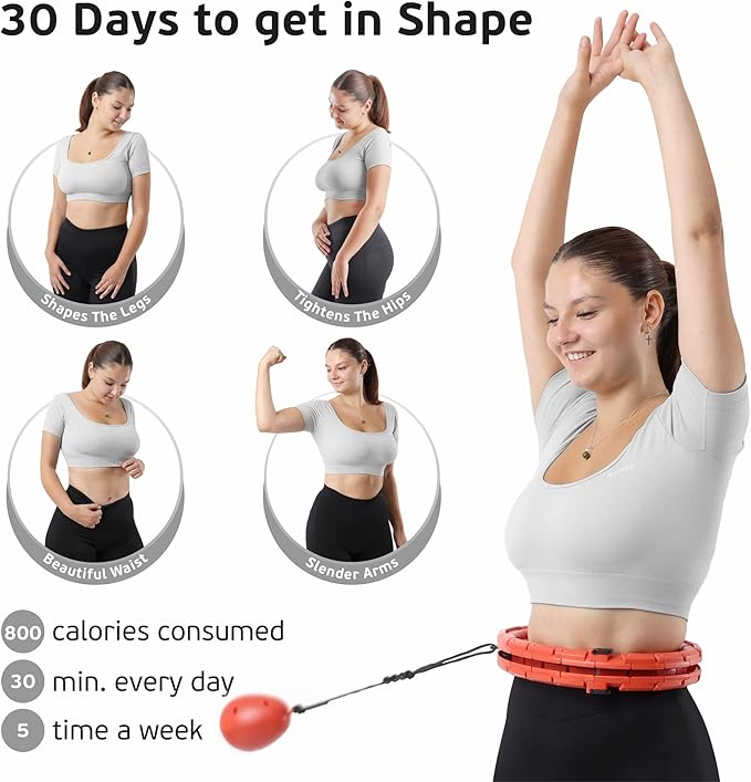 Teal Elite Smart Weighted Hula Hoop for Adults Weight Loss– Fully Adjustable with 24 Detachable Knots – 2 in 1 Abdomen Fitness Massage Infinity Hoops - RED