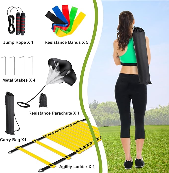 Soccer Training Equipment Set, 20 Feet 12 Rungs Pro Speed & Agility Ladder, Resistance Parachute, Jump Rope, 5 Resistance Bands with Carrying Bag