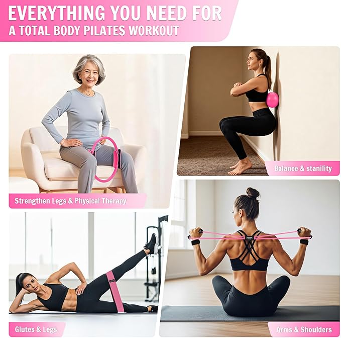 UZTUGG Pilates Equipment Kit at Home for Women, 4-in-1 Workout Essential Set with Pilates Ring, Fabric Resistance Bands, Figure 8 Resistance Band, Pilates Ball–Full Body Toning, Yoga & Stretching