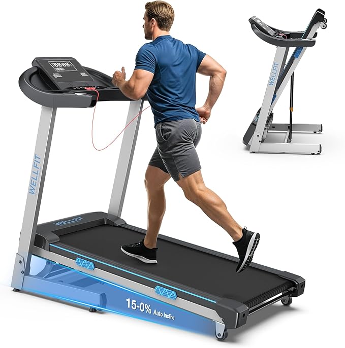WELLFIT Auto Incline Folding Treadmill - 10% Incline Desk Walking Pad Treadmill with Handlebar, 400 lbs Heavy-Duty Capacity, Space-Saving Quiet Under-Desk Design for Home Office, Seniors & Fitness
