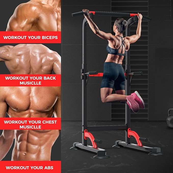 ZENOVA Pull Up Bar Dip Bar Power Tower Workout Dip Station Height Adjustable Free Standing Chin Up Bar for Men Women Teens 300LBS Weight Capacity