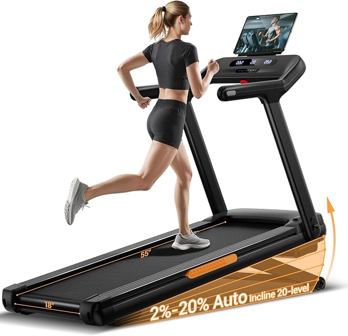 UMAY Fitness Treadmill with 20% Auto Incline,400LB Capacity,4.0HP & 9.5 MPH Speed,Foldable 55"x18"Ultra Large Wide Walking & Running Area Treadmill for Home with Handle