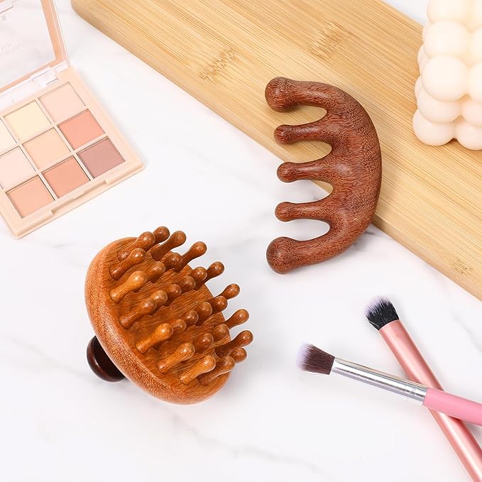 2 Pack Wooden Scalp Massager Comb Wooden Hair Brush Head Gua Sha Brush Hair Scrubber Portable Handheld Hairs Growth Tool for Women Men Hairs Growth Stress Relief Spa
