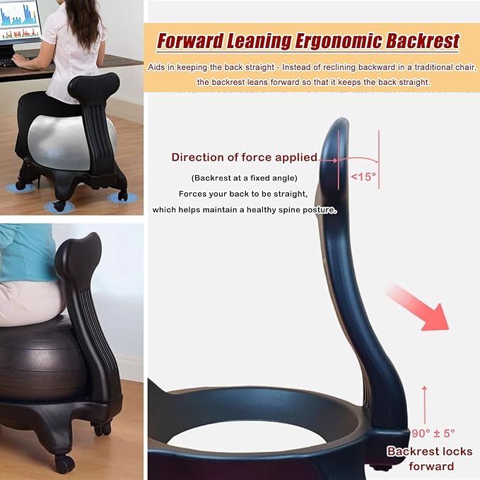 Home Gym Balance Ball Chair with Back Support, Adults Office Exercise Ball Chair, Rolling Balance Posture Chair, Anti-Burst Gray Yoga Ball, Base & Pump