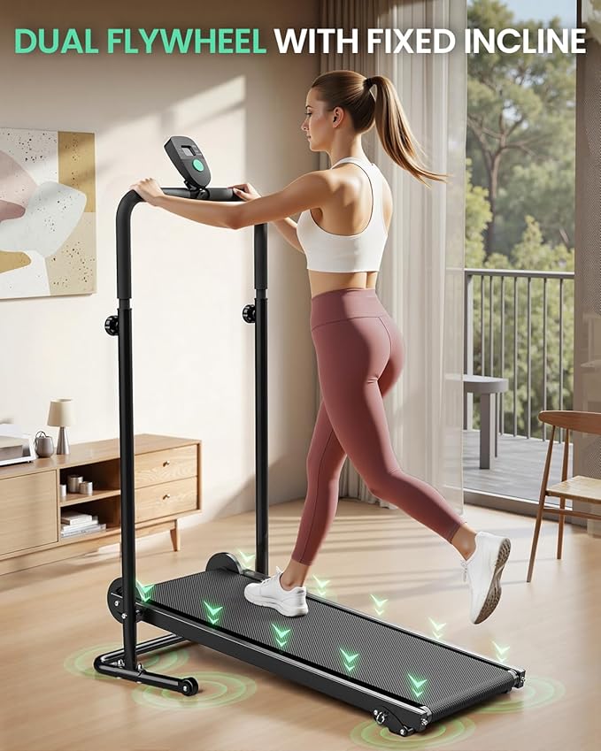 FUNRAY Manual Treadmill Non-Electric - Dual Flywheel & Fixed Incline, Compact Foldable Design for Small Home/Gym, LCD Monitor, Non-Slip Belt & Soft Foam Grips for Walking Jogging
