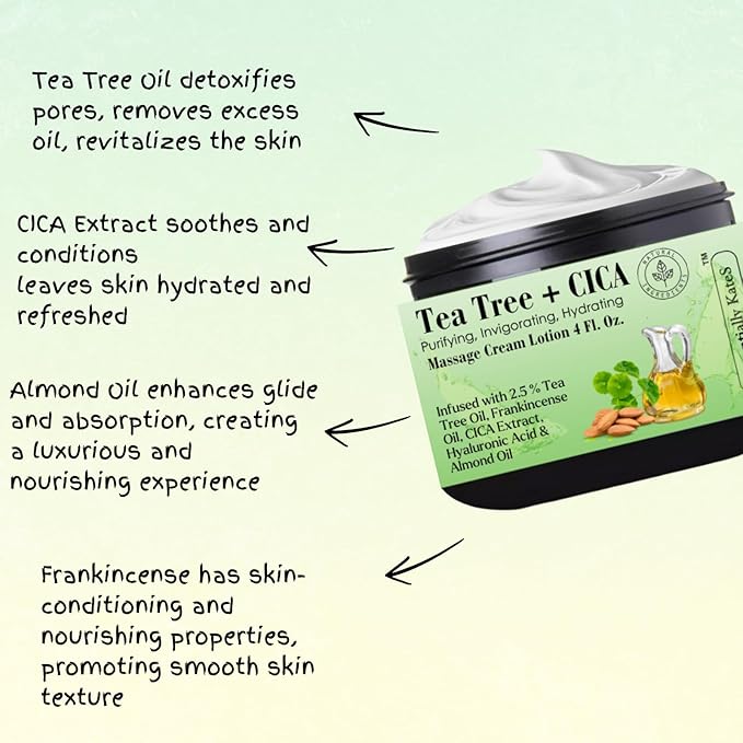 Essentially KateS Tea Tree 2.5% Body Cream Massage Lotions 4 oz, Infused with Centella Asiatica and Frankicensae Oil - Soothing, Hydrating, and Revitalizing - Fights Sore Muscle and Stiffness.