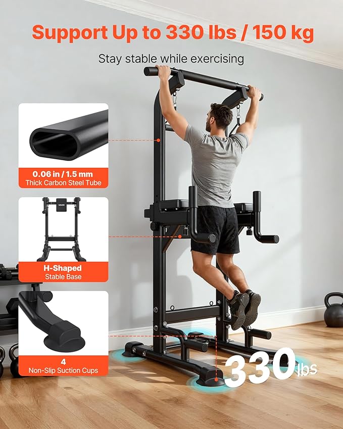 VEVOR Pull Up Bar, 330 LBS Power Tower Dip Station, Workout Dip Station with H-Shaped Stable Base & Back Pad, Adjustable 12 Level Height Free Standing Chin Up Bar for Back, 4-Level Adjustable Back Pad
