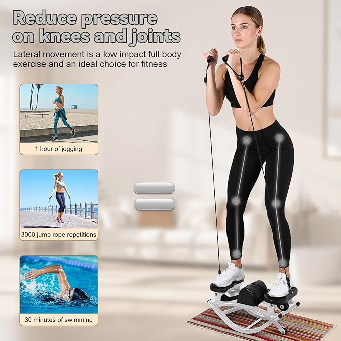 Rocking Stepper with LCD Monitor and Resistance Bands, Low-Impact Lateral Fitness Stepper Side to Side at Home for Legs, Glutes, Abs, 100kg Weight Capacity, Includes Floor Mat