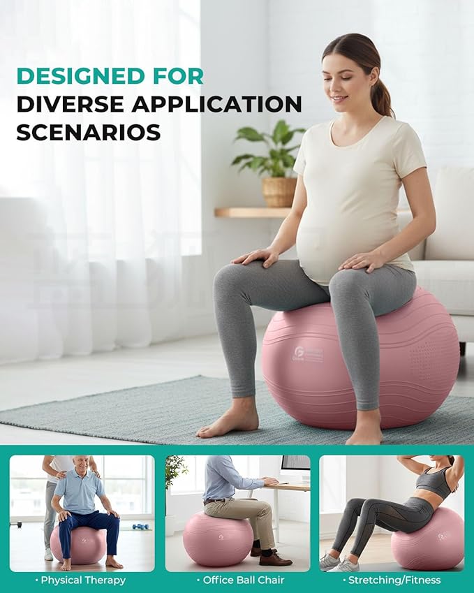 Gruper Yoga Ball, Extra Thick Exercise Ball for Workout Pregnancy Stability - 4 Sizes Anti Burst Balance Ball for Yoga, Pilates, Fitness, Birthing, Physical Therapy - Includes Pump