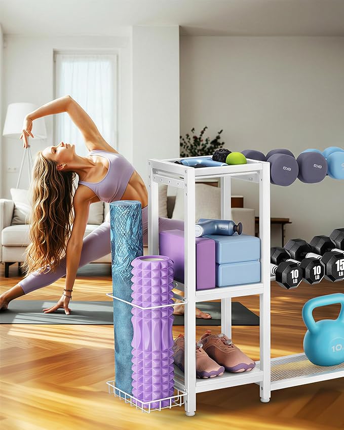 3-Tier Dumbbell Rack Stand Only - Adjustable Weight Rack for Home Gym, Heavy-Duty Weight Stand for Dumbbells Kettlebells Foam Roller Yoga Mats, Workout Equipment Storage Organizer With Hooks