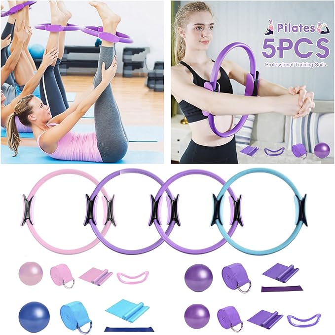 Pilates Circle Ring, 15 Inch Durable 5 Pack Pilates Circle with Resistance Bands,Padded Handles Magic Circle,Mini Ball,Yoga Strap,Pilates Ring Equipment for Toning Core,Inner Thighs,Legs,Arms