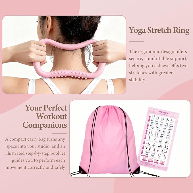 Pink Pilates Ring Kit with 14.5 inch Magic Circle & Foam Roller, Ergonomic Home Workout Equipment Set, Full Pilates Essentials for Women Beginners - Includes Exercise Guide & Storage Bag