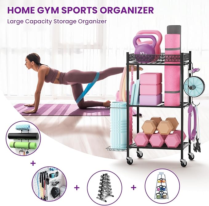 Yoga Mat Storage Rack, Home Gym Storage Rack, VOPEAK Workout Storage for Yoga Mat, Foam Roller, Gym Organizer Gym Equipment Storage for Home Exercise and Fitness Gear