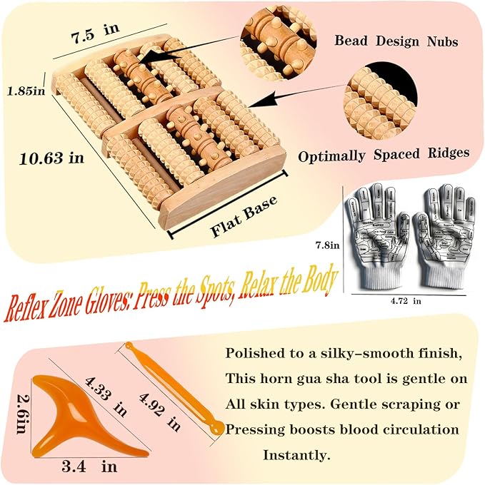 Wooden Foot Massager Roller with Reflexology Socks and Gloves Tools Set for Circulation, Pain Relief in Wide Feet, Health Promotion, Gift for Mom, Dad, or Elderly