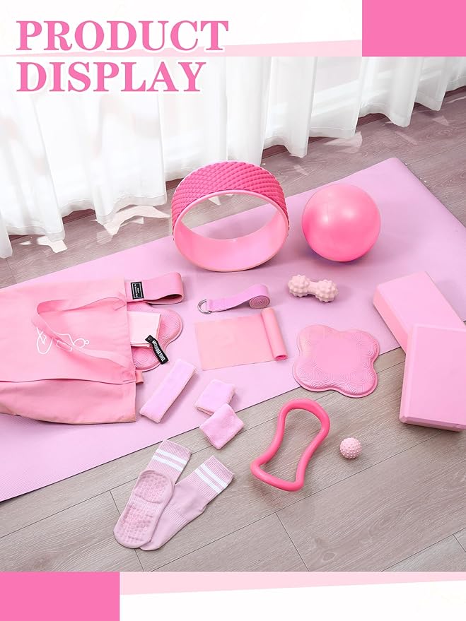 17 Pcs Yoga Essential Kit for Women, Pilates Equipment Starter Set for Beginners with Yoga Wheel Ball Blocks Strap Resistance Bands Wrist Rings Socks Towel & Carry Bag for Home Workouts