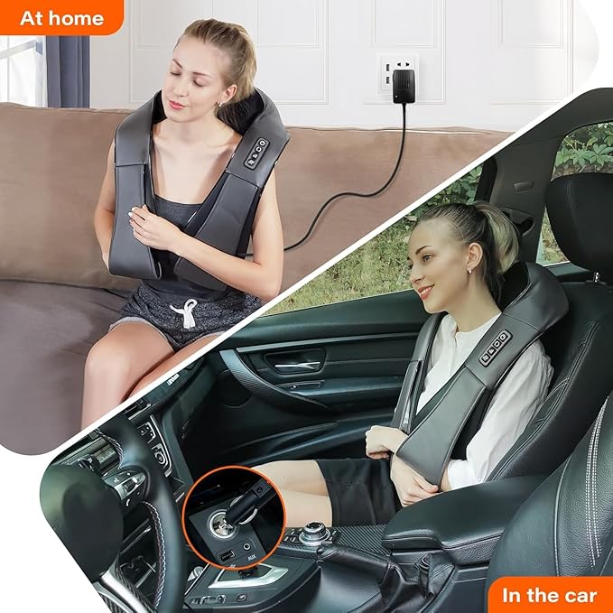 Shiatsu Electric Massager with Heat - 3D Kneading Pillow for Neck, Back, Shoulder, Muscle Pain Relief - Office, Home, Car Use - Fits Parents (Gray-button)