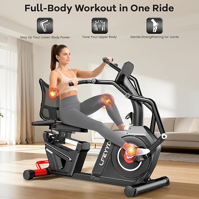 Recumbent Exercise Bike for Home, Stationary Bike with Arm Exerciser, 16-Level Magnetic Resistance, Bluetooth App, LCD Monitor, Heart Rate, Heavy-Duty Frame, Low-Impact Cardio & Physical Therapy, 450LBS Capacity